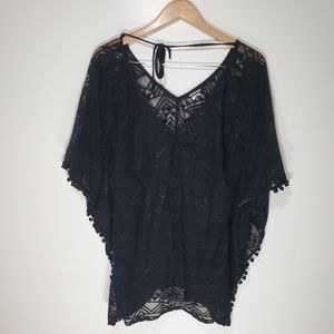 Joe Boxer Black Crochet Swim Suit Cover-Up w/ Pom-Poms along trim, Cinched Waist